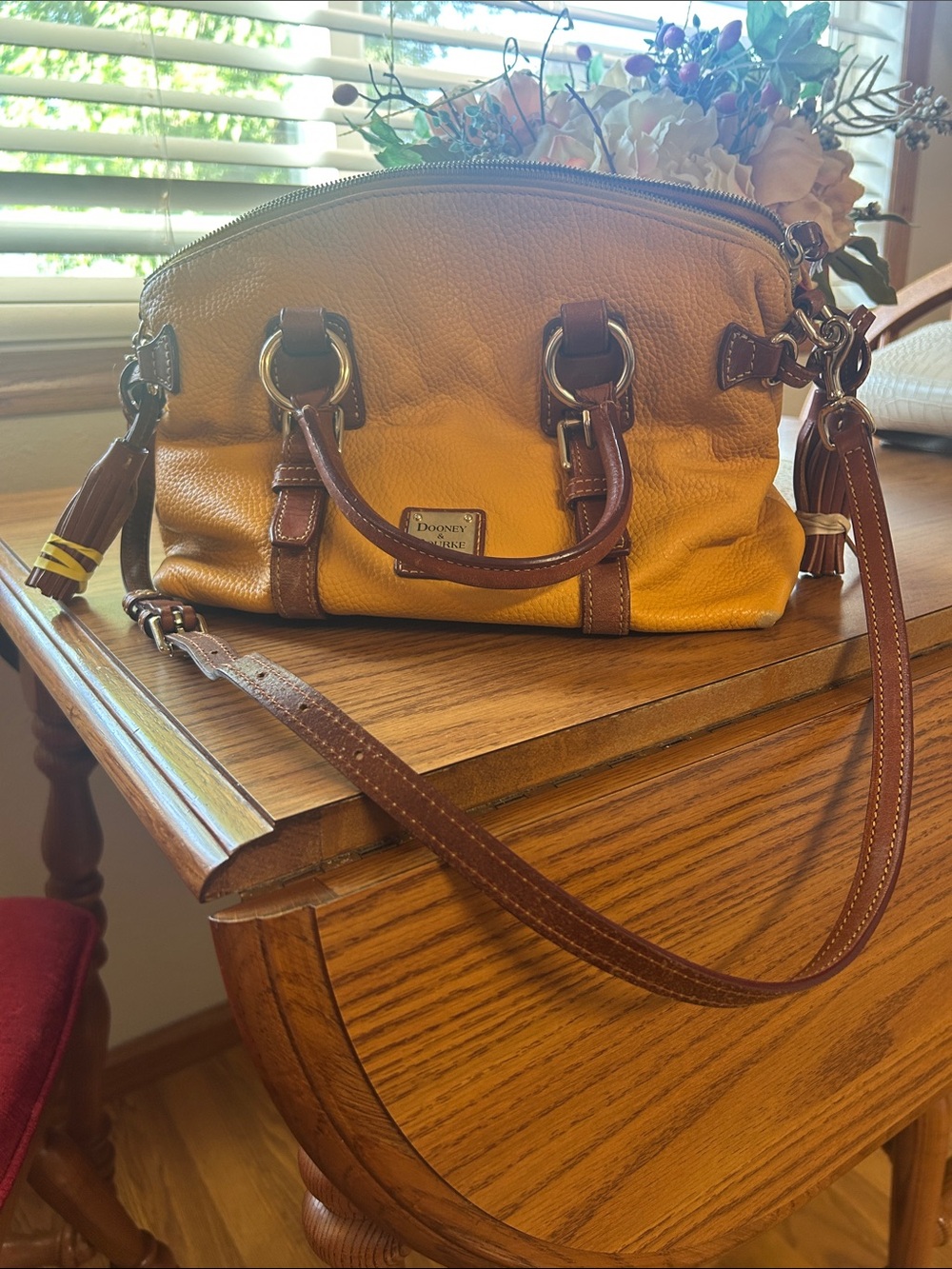 Dooney & Bourke Yellow Leather Satchel with Brown Trim and Strap